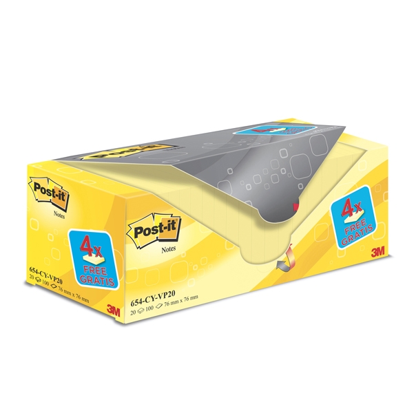 VALUE PACK 16+4 BLOCCO 100fg Post-it(R) Giallo Canary™ 76x76mm 72GR 654CY-VP20