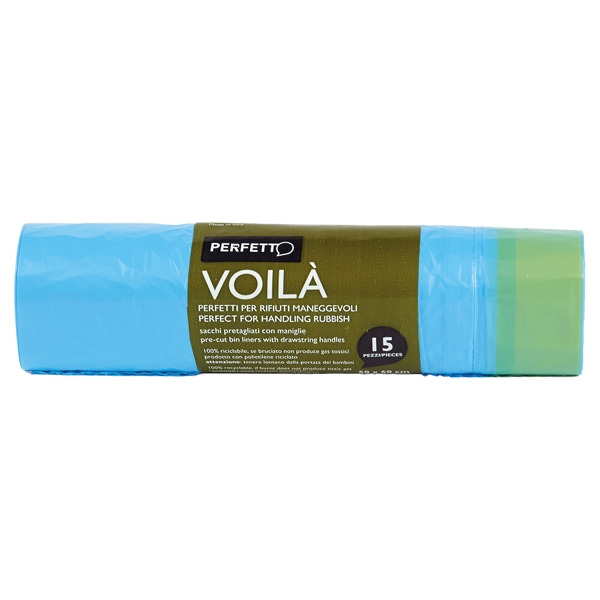 15 SACCHI RIFIUTI 50X60CM-30Lt 15µ AZZURRO c/maniglie Voila'