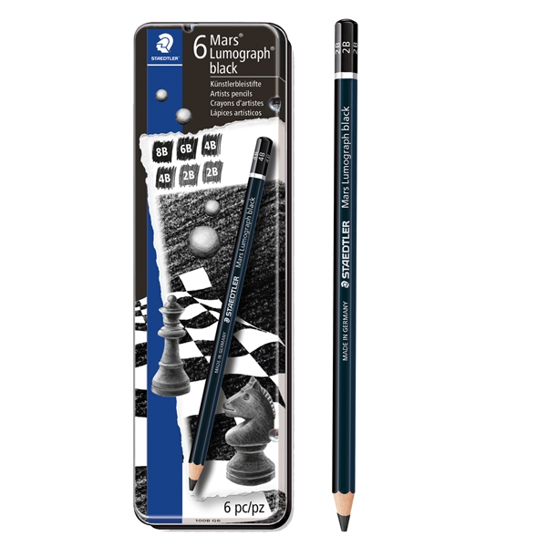 Astuccio metallo 6 matite Mars(R) Lumograph(R)BLACK 4gradazioni Staedtler