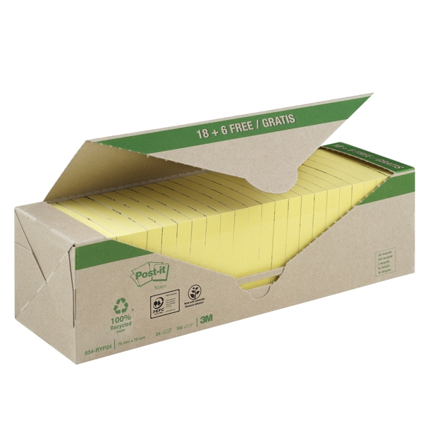 VALUE PACK 24 BLOCCO 100fg Post-it(R) CARTA RICICLATA GIALLO 76X76MM 654-RYP24