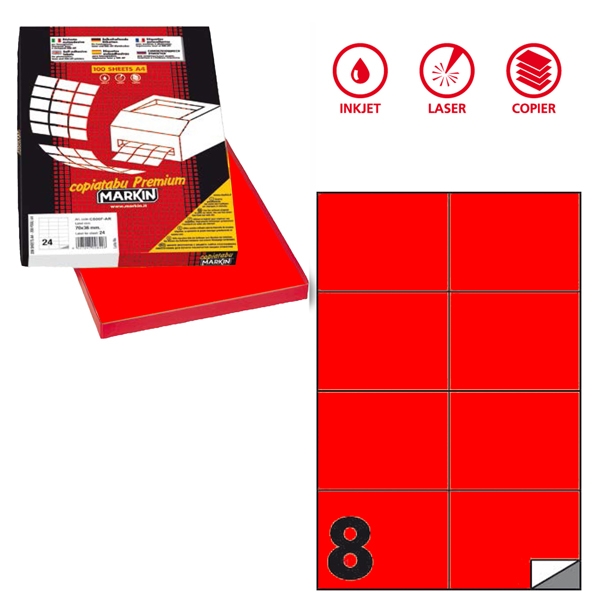 Etichetta adesiva C/512 rosso fluo 100fg A4 105x74mm (8et/fg) Markin
