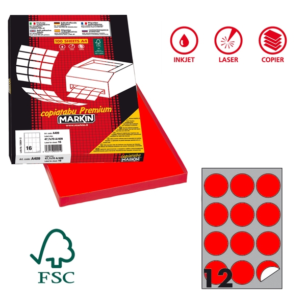 Etichetta adesiva R/310 rosso fluo 100fg A4 tonda diam.60mm (12et/fg) Markin