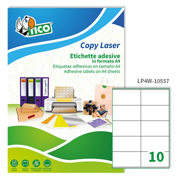 Etichetta adesiva LP4W bianca 100fg A4 105x57mm (10et/fg) Laser Tico