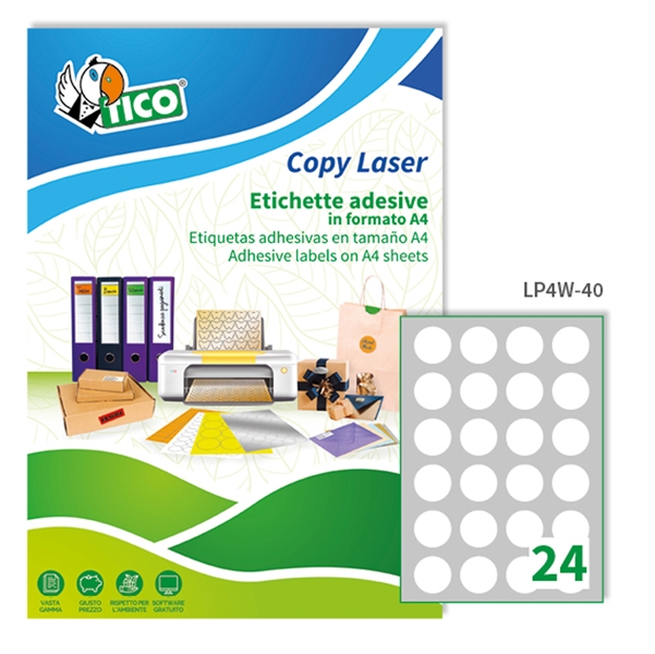 Etichetta adesiva LP4W bianca 100fg A4 tonda diam.40mm (24et/fg) Laser Tico