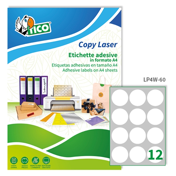 Etichetta adesiva LP4W bianca 100fg A4 tonda diam.60mm (12et/fg) Laser Tico