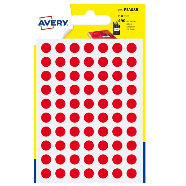 Blister 490 etichetta adesiva tonda PSA rosso diam.8mm Avery