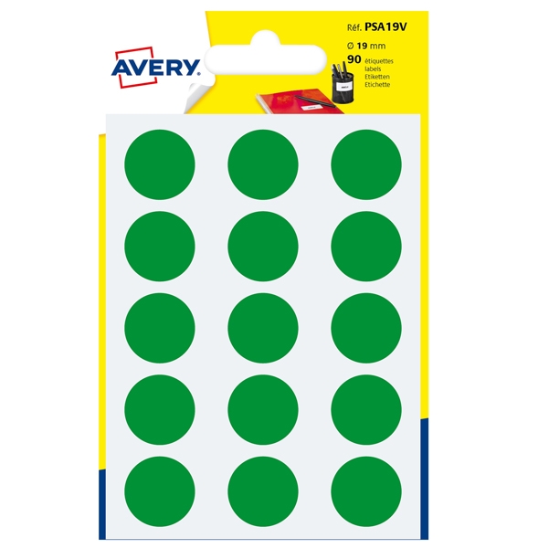 Blister 90 etichetta adesiva tonda PSA verde diam.19mm Avery