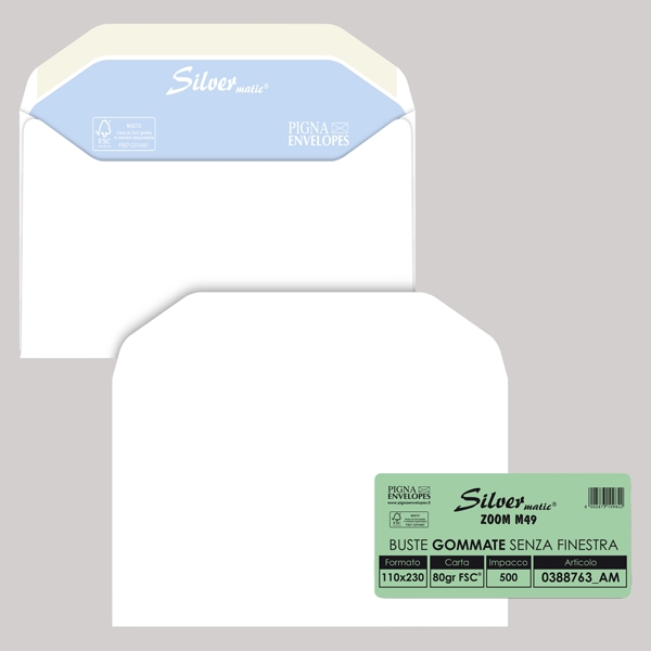 500 buste SILVER MATIC FSC(R) gommata bianca s/finestra 110x230mm 80gr Pigna