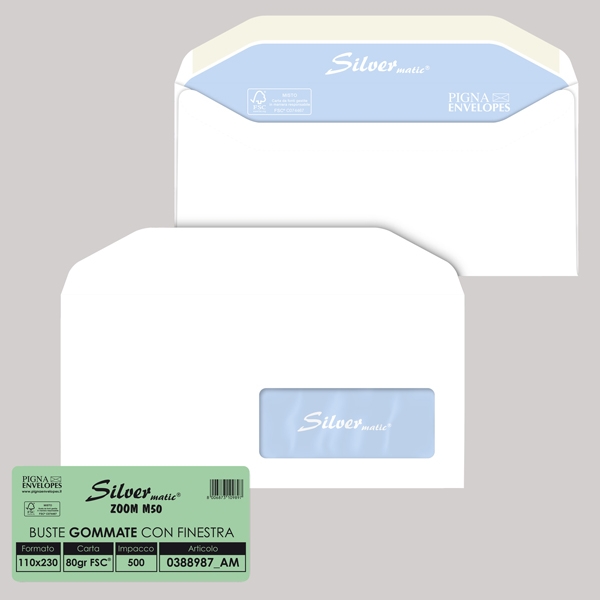 500 buste SILVER MATIC LUX FSC(R) gommata bianca c/finestra 110x230mm 80gr Pigna