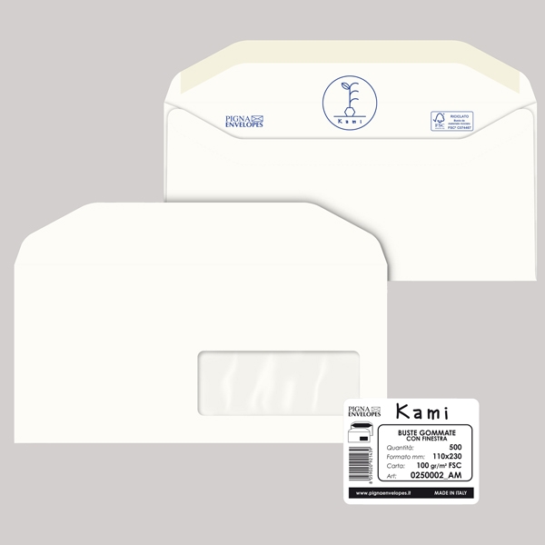 500 busteKAMI GOMMATE bianca carta riciclata FSC(R)c/finestra110x230mm 100gr Pigna