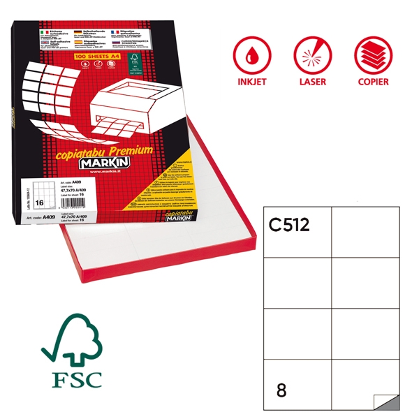 Etichetta adesiva C/512 bianca 100fg A4 105x74mm (8et/fg) Markin