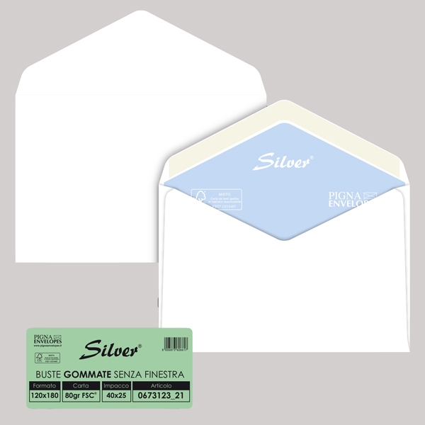 25 buste SILVER MATIC FSC(R) gommata bianca s/finestra 120x180mm 70gr Pigna