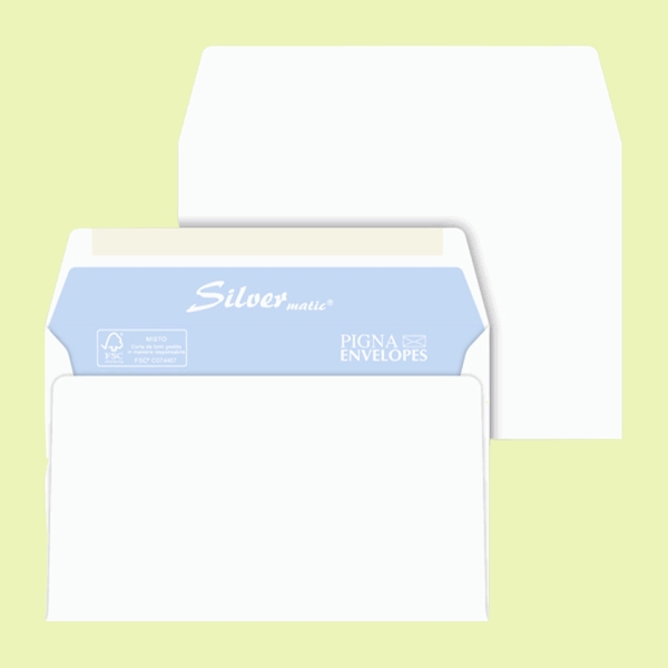 25 buste SILVER MATIC FSC(R) gommata bianca s/finestra 114x162mm 70gr Pigna