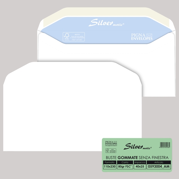 25 buste SILVER MATIC FSC(R) gommata bianca s/finestra 110x230mm 80gr Pigna