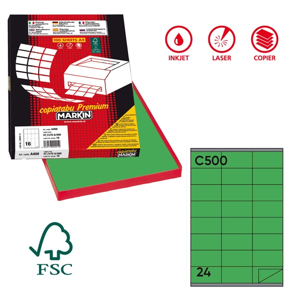 Etichetta adesiva C/500 verde 100fg A4 70x36mm (24et/fg) Markin