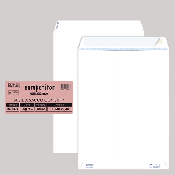Buste a Sacco COMPETITOR pz.50 FSC(R) bianca strip adesivo 300x400mm 80gr Pigna