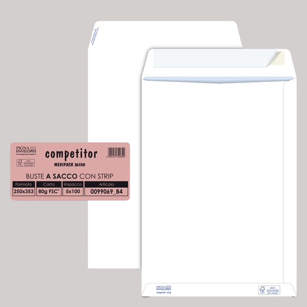 100 buste sacco COMPETITOR FSC(R) bianca strip adesivo 250x353mm 80gr Pigna