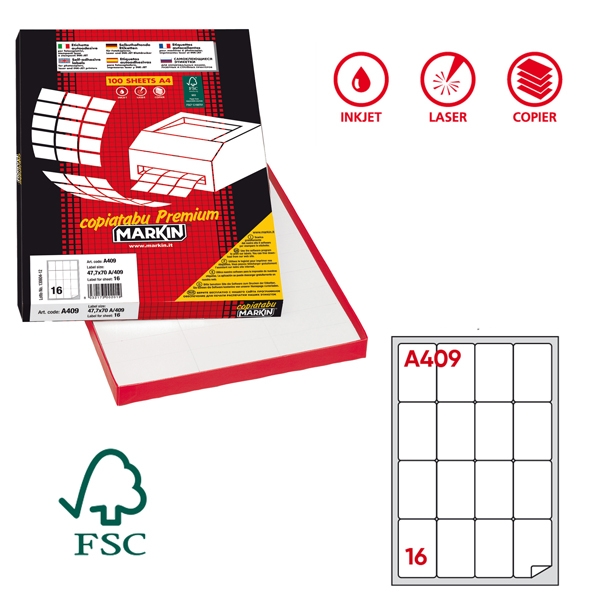 Etichetta adesiva A/409 bianca 100fg A4 47,7X70mm (16eti/fg) Markin