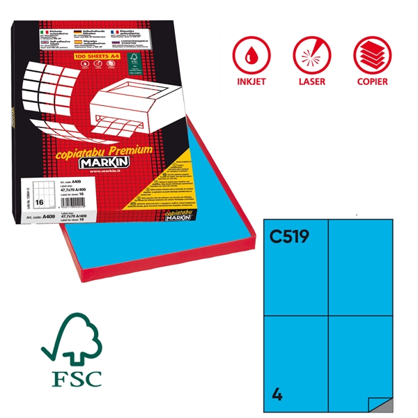 Etichetta adesiva C/519 blu 100fg A4 105x148,5mm (4et/fg) Markin