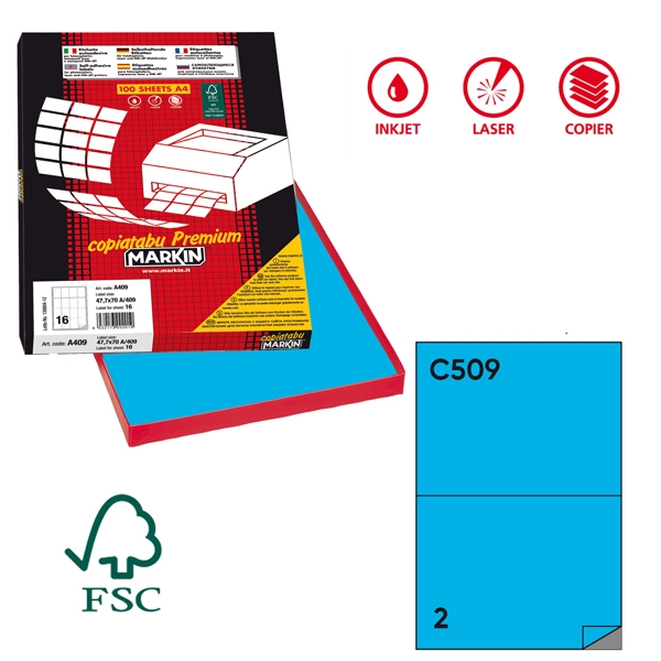 Etichetta adesiva C/509 blu 100fg A4 210x148mm (2et/fg) Markin