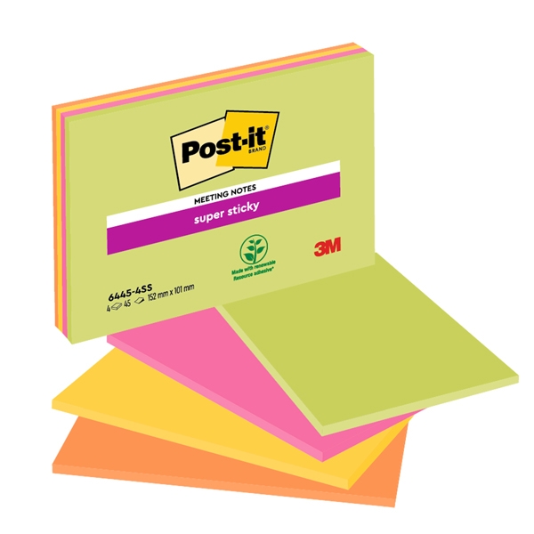 BLOCCO 45foglietti Post-it(R) Super Sticky 101x152mm MEETING NOTE NEON 6445-SSP
