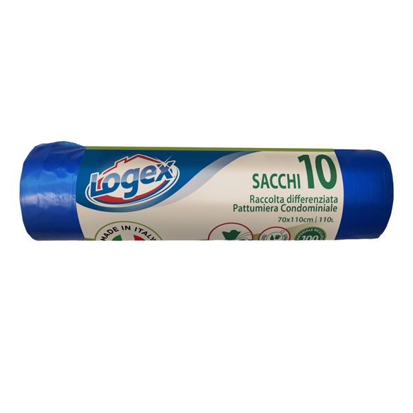 10 SACCHI IMMONDIZIA 70X110CM 120LT HD AZZURRO LOGEX