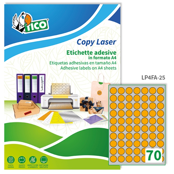 Etichetta adesiva arancio fluo 70fg A4 tonda diam.25mm (70et/fg) Tico