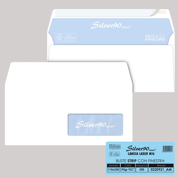 500 busteSILVER90 STRIP LASER FSC(R)bianca intern. c/finestra110x230mm 90gr Pigna