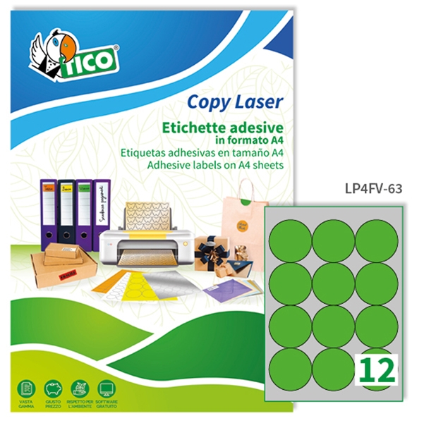 Etichetta adesiva LP4F verde fluo 70fg A4 tonda diam.63,5mm (12et/fg) Tico