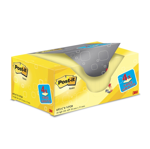 VALUE PACK 16+4 BLOCCO 100fg Post-it(R) Giallo Canary™ 38x51mm 72GR 653CY-VP20