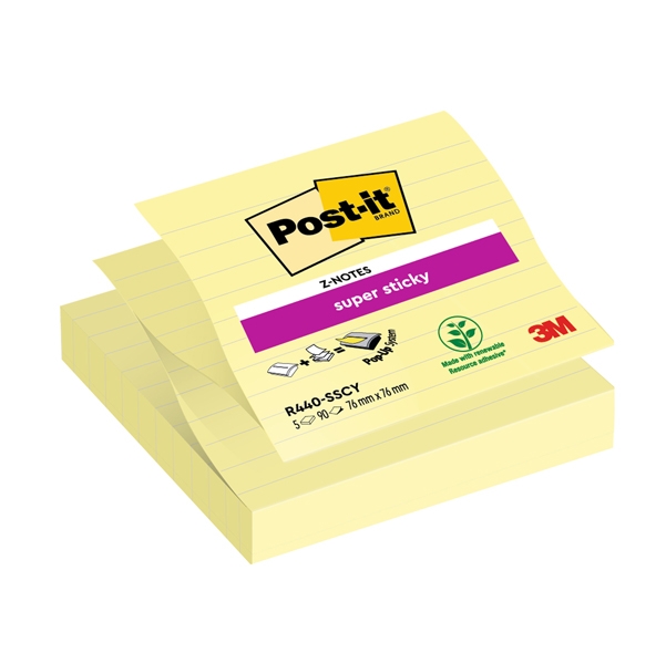 RICARICA 90foglietti Post-it(R) Super Sticky 101x101mm righe R440-SSCY GIALLO C