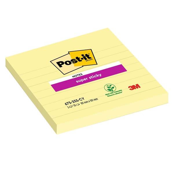 Blocco 70fg. Post-it(R) Super Sticky Giallo Canary™ 101x101mm a righe 675-SS3CY-EU