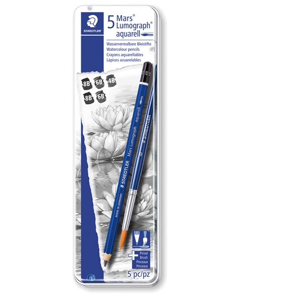 Astuccio metallo 5 matite+pennello Mars(R) Lumograph(R) acquerell. 3 grad.Staedtler