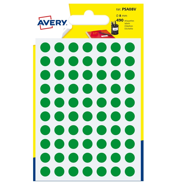 Blister 490 etichetta adesiva tonda PSA verde diam.8mm Avery