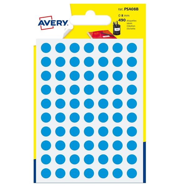 Blister 490 etichetta adesiva tonda PSA blu diam.8mm Avery