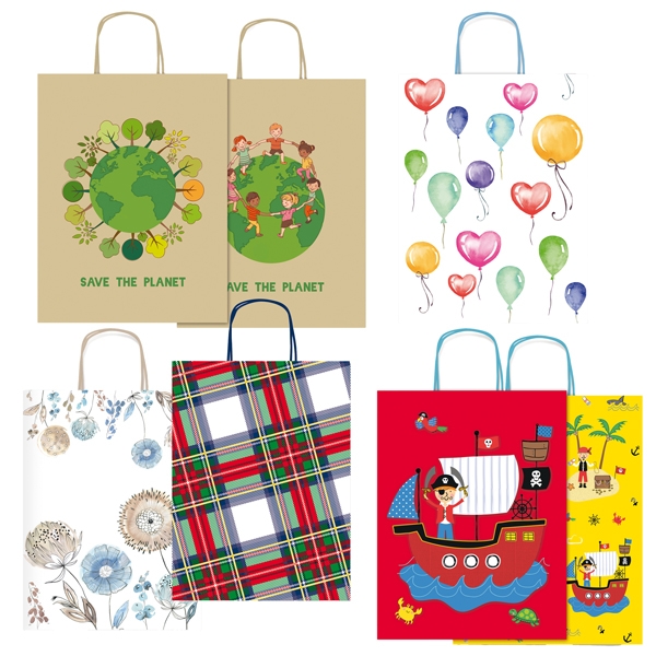 Shopper carta kraft c/manici carta ritorta 36x41x12cm fantasie ass. Rex Sadoch