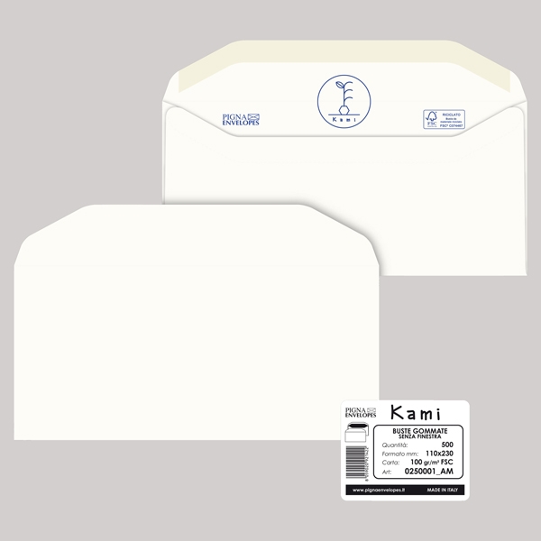 500 busteKAMI GOMMATE bianca carta riciclataFSC(R)s/finestra 110x230mm 100gr Pigna