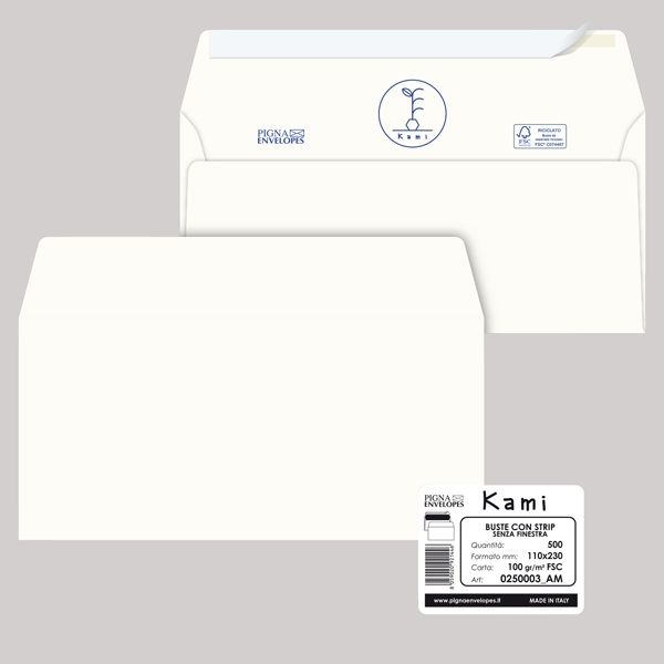500 buste KAMI STRIP bianca carta riciclata FSC(R) s/finestra110x230mm 100gr Pigna