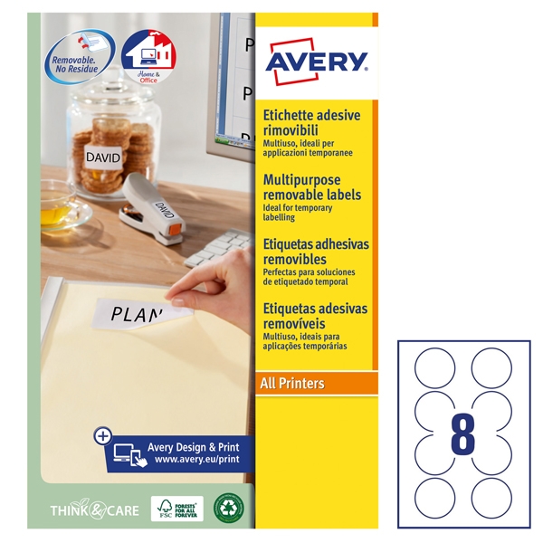 Etichette adesive rotonde rimovibili diam.63,5mm (8et/fg) 25fg laser/inkjet Avery