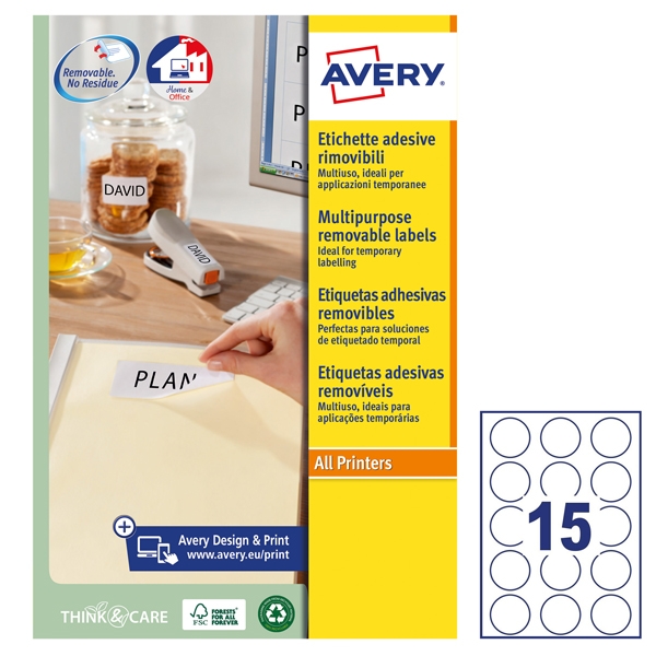 Etichette adesive rotonde rimovibili diam.51mm (15et/fg) 25fg laser/inkjet Avery