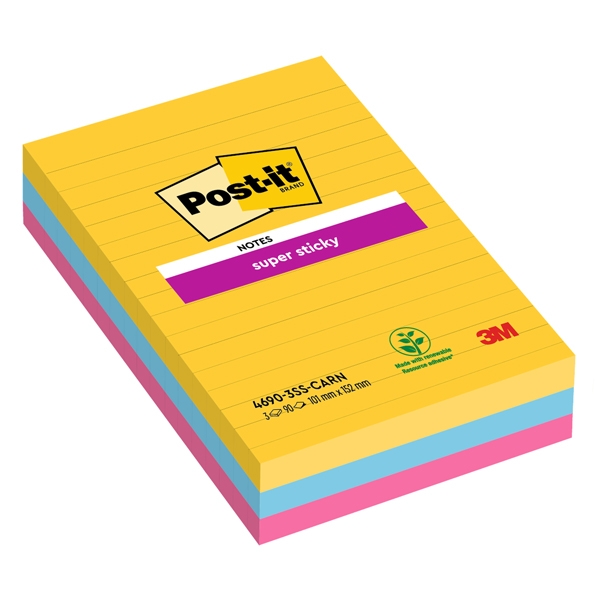 Cf.3pz blocco 90fg. Post-it(R)Super Sticky RIGHE 101x152mm 4690-3SS-CARN Carnival