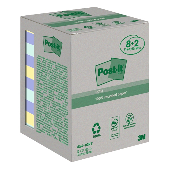 ValuePack 10 blocchi 100fg Post-it(R) carta ricic.colori pastel 76X76mm 654-RCP10