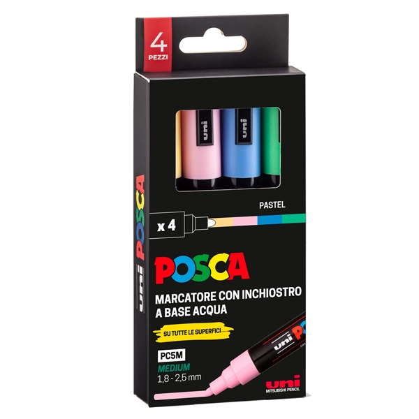 Astuccio 4 marcatore Uni Posca PC5M p.media 1,8-2,5mm col.ass. pastel UNI