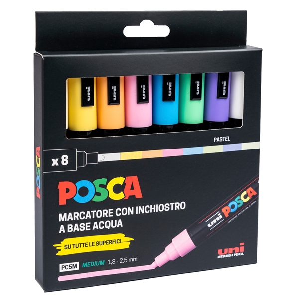 Astuccio 8 marcatore Uni Posca PC5M p.media 1,8-2,5mm col.ass. pastel UNI