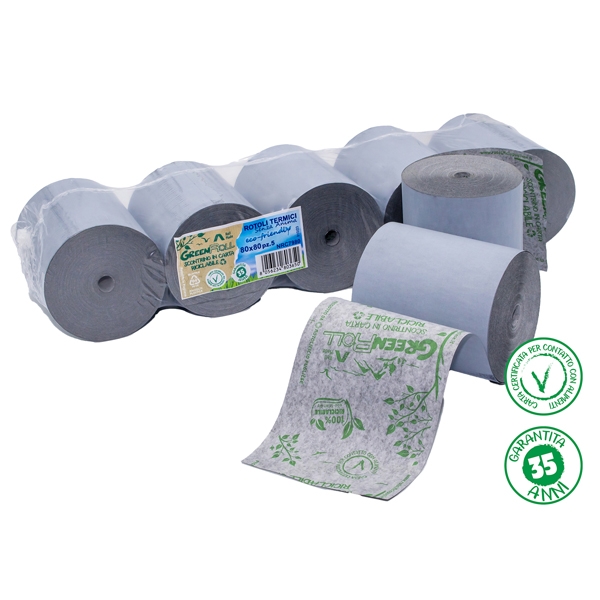 Blister 5 rotoli RC carta termica Green Roll 48gr 79mm x 80mt diam.78mm - Riciclabil