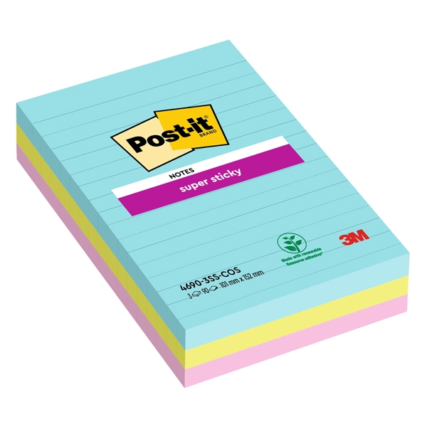 Cf. 3pz blocco 90fg. Post-it(R) Super Sticky RIGHE 101x152mm 4690-SS3COS Cosmic
