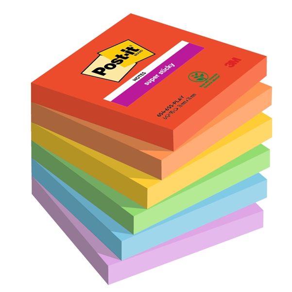 Cf. 6pz blocco 90foglietti Post-it(R) Super Sticky 76x76mm 654-6SS-PLAY Playful