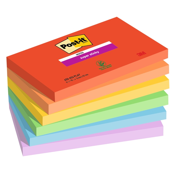 Cf. 6pz blocco 90foglietti Post-it(R) Super Sticky 76x127mm 655-6SS-PLAY Playful
