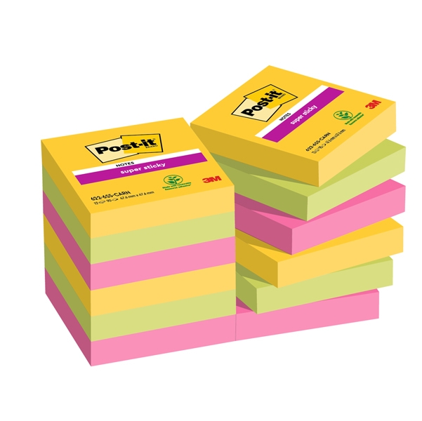 Cf. 12pz blocco 90fg. Post-it(R) Super Sticky 47,6x47,6mm 622-12SS-CARN Carnival
