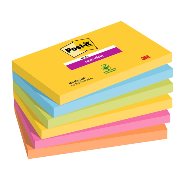 Cf. 6pz blocco 90fg. Post-it(R) Super Sticky 76x127mm 655-6SS- CARN Carnival